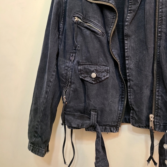 Free People Oversized Denim Belted Moto Jacket In Washed Black Size Small - Picture 7 of 8